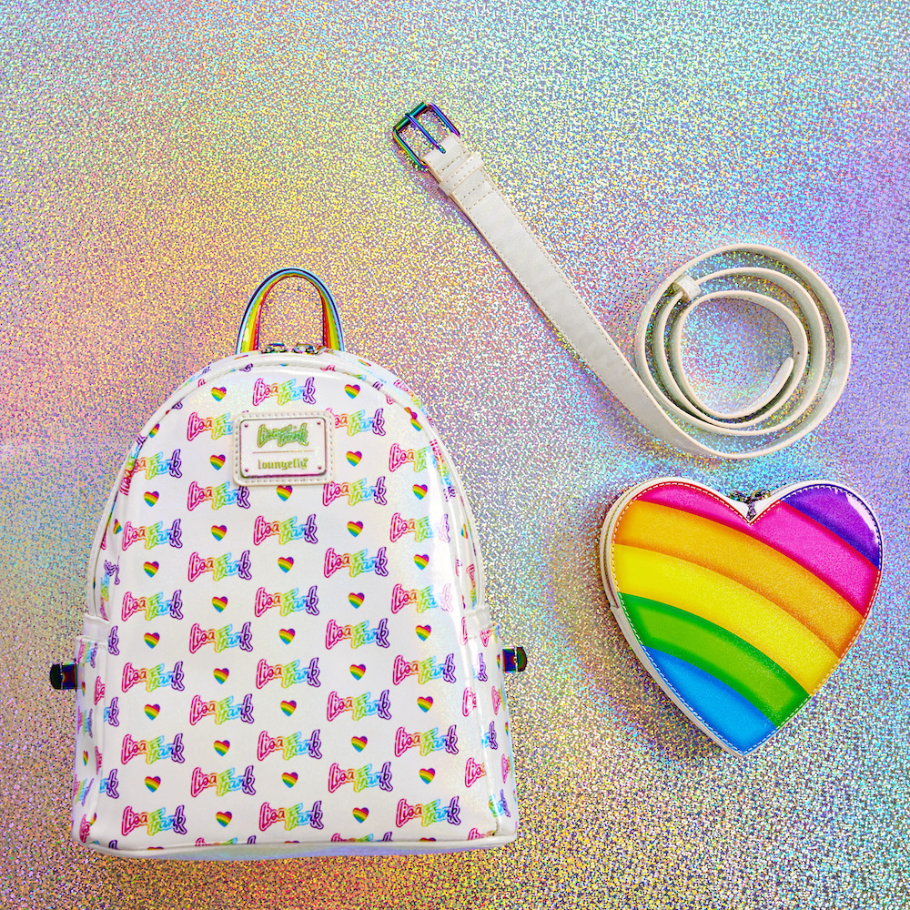 Image of the Lisa Frank Rainbow Heart Mini Backpack with the waist bag detached against a holographic background 